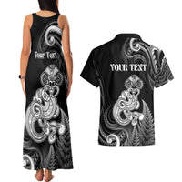 Personalised New Zealand Maori Taniwha Couples Matching Tank Maxi Dress and Hawaiian Shirt Silver Fern Black Version LT05 - Polynesian Pride
