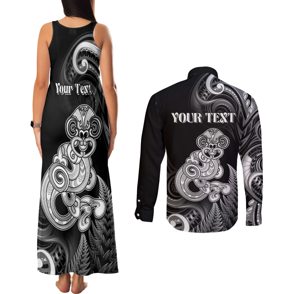 Personalised New Zealand Maori Taniwha Couples Matching Tank Maxi Dress and Long Sleeve Button Shirt Silver Fern Black Version LT05 - Polynesian Pride