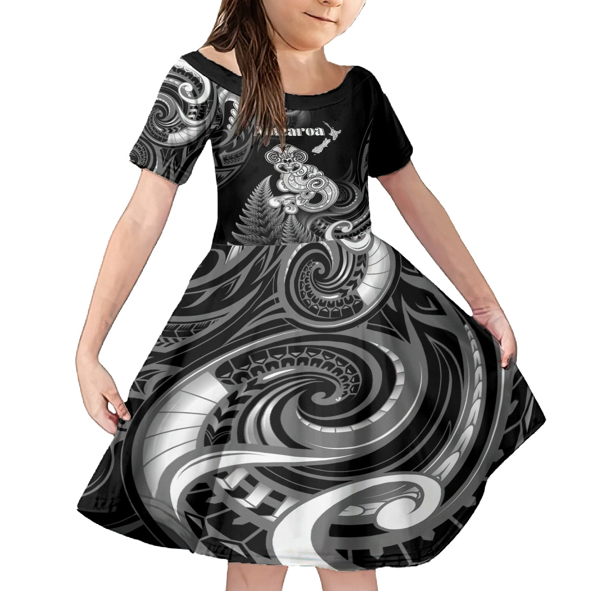 Personalised New Zealand Maori Taniwha Family Matching Long Sleeve Bodycon Dress and Hawaiian Shirt Silver Fern Black Version LT05 Daughter's Dress Black - Polynesian Pride