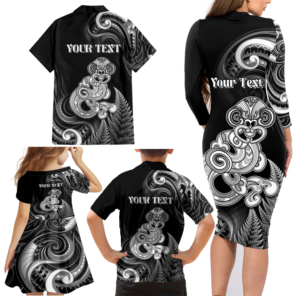 Personalised New Zealand Maori Taniwha Family Matching Long Sleeve Bodycon Dress and Hawaiian Shirt Silver Fern Black Version LT05 - Polynesian Pride