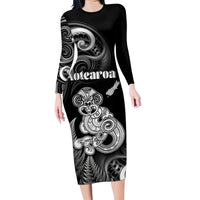 Personalised New Zealand Maori Taniwha Family Matching Long Sleeve Bodycon Dress and Hawaiian Shirt Silver Fern Black Version LT05 Mom's Dress Black - Polynesian Pride