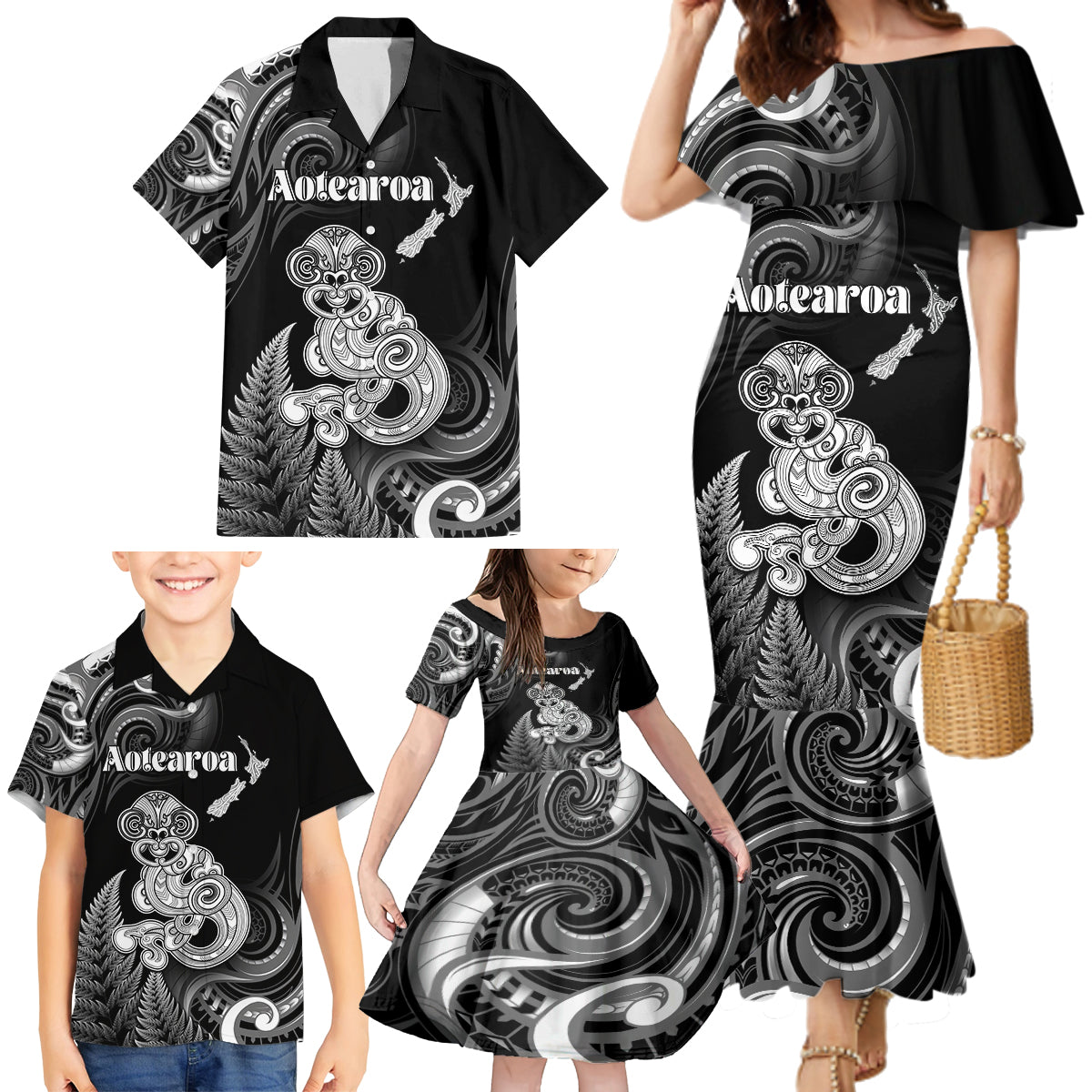 Personalised New Zealand Maori Taniwha Family Matching Mermaid Dress and Hawaiian Shirt Silver Fern Black Version LT05 - Polynesian Pride