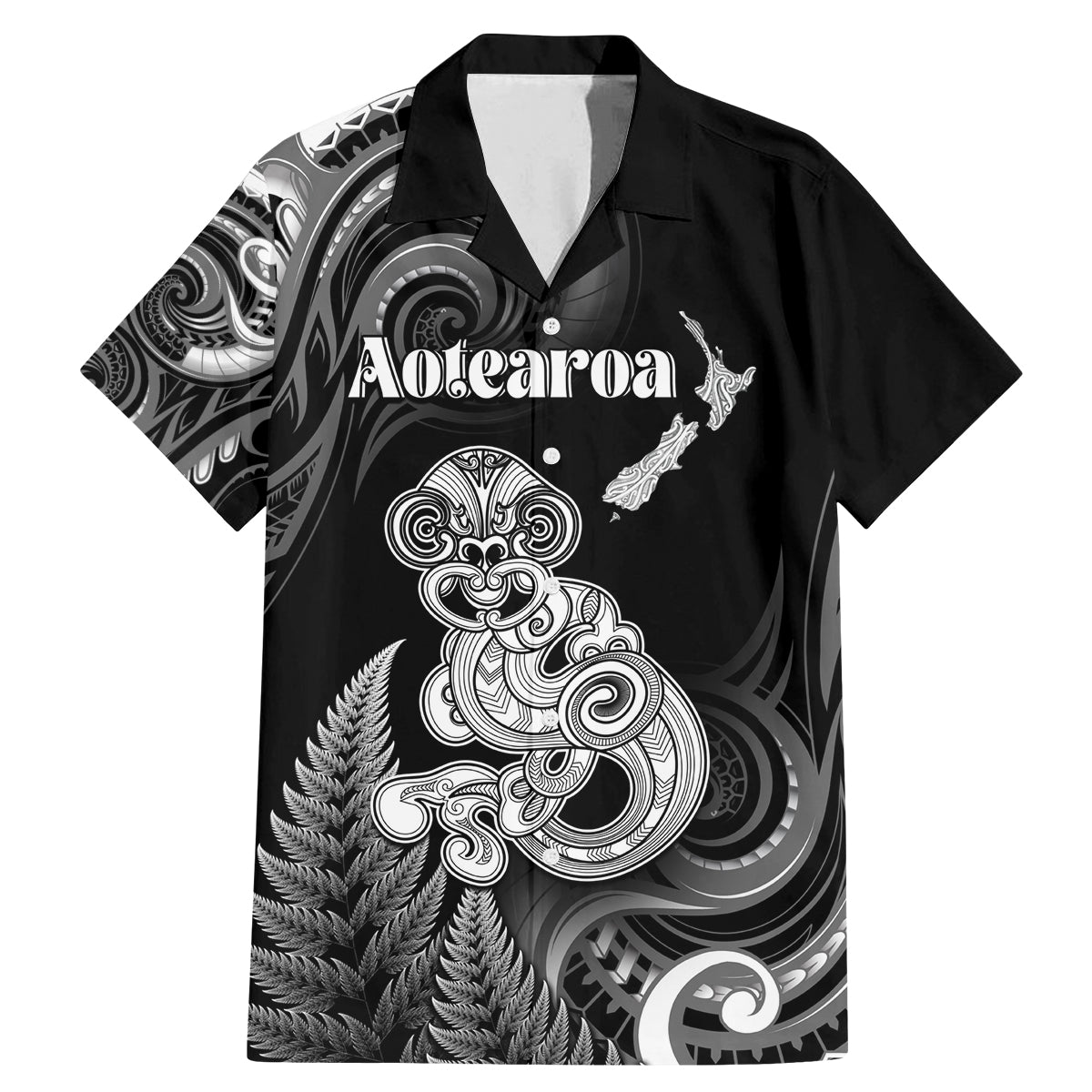 Personalised New Zealand Maori Taniwha Family Matching Mermaid Dress and Hawaiian Shirt Silver Fern Black Version LT05 Dad's Shirt - Short Sleeve Black - Polynesian Pride