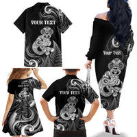 Personalised New Zealand Maori Taniwha Family Matching Off The Shoulder Long Sleeve Dress and Hawaiian Shirt Silver Fern Black Version LT05 - Polynesian Pride