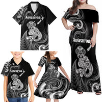 Personalised New Zealand Maori Taniwha Family Matching Off Shoulder Maxi Dress and Hawaiian Shirt Silver Fern Black Version LT05 - Polynesian Pride