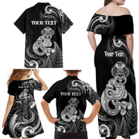 Personalised New Zealand Maori Taniwha Family Matching Off Shoulder Maxi Dress and Hawaiian Shirt Silver Fern Black Version LT05 - Polynesian Pride
