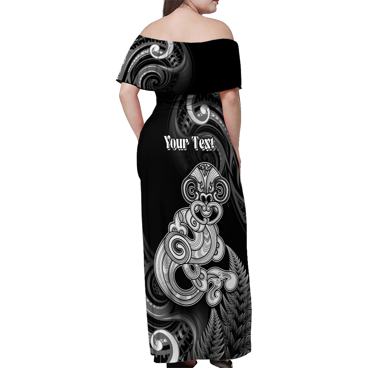 Personalised New Zealand Maori Taniwha Family Matching Off Shoulder Maxi Dress and Hawaiian Shirt Silver Fern Black Version LT05 - Polynesian Pride
