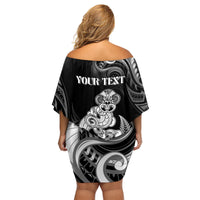 Personalised New Zealand Maori Taniwha Family Matching Off Shoulder Short Dress and Hawaiian Shirt Silver Fern Black Version LT05 - Polynesian Pride