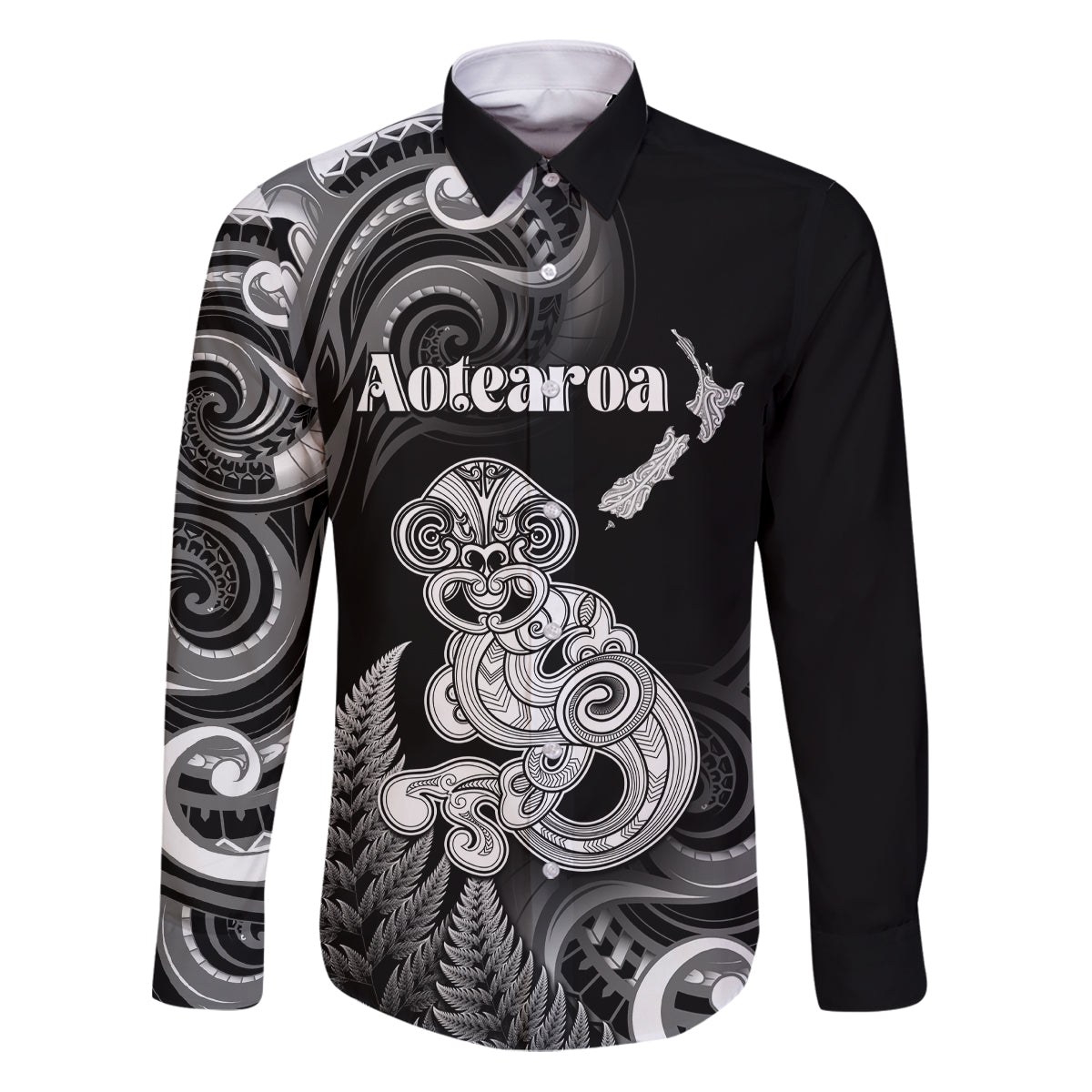 Personalised New Zealand Maori Taniwha Family Matching Puletasi and Hawaiian Shirt Silver Fern Black Version