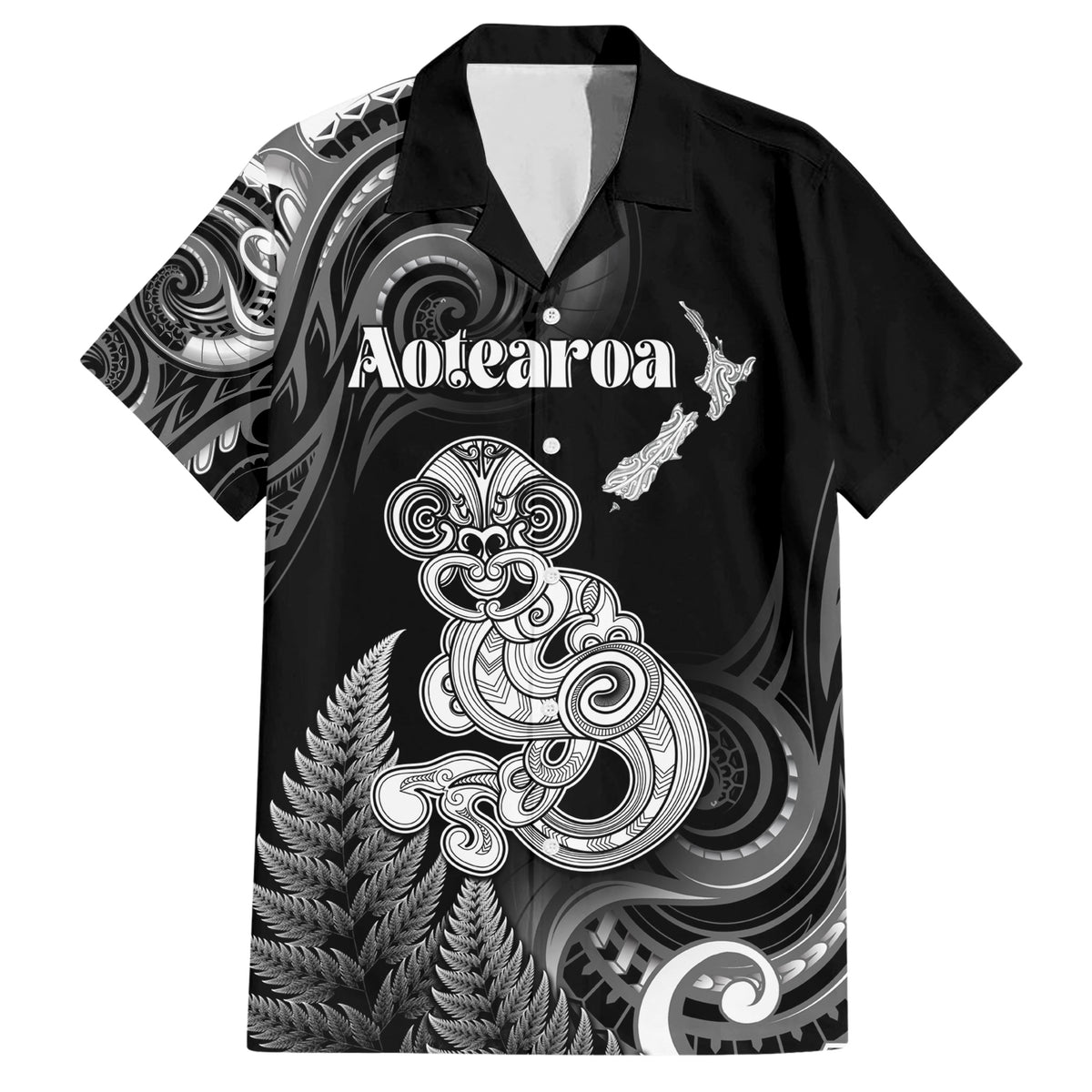 Personalised New Zealand Maori Taniwha Family Matching Short Sleeve Bodycon Dress and Hawaiian Shirt Silver Fern Black Version LT05 Dad's Shirt - Short Sleeve Black - Polynesian Pride