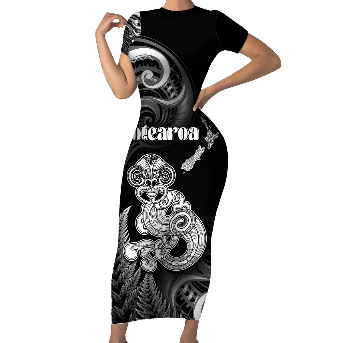 Personalised New Zealand Maori Taniwha Family Matching Short Sleeve Bodycon Dress and Hawaiian Shirt Silver Fern Black Version LT05 Mom's Dress Black - Polynesian Pride