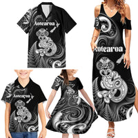 Personalised New Zealand Maori Taniwha Family Matching Summer Maxi Dress and Hawaiian Shirt Silver Fern Black Version LT05 - Polynesian Pride