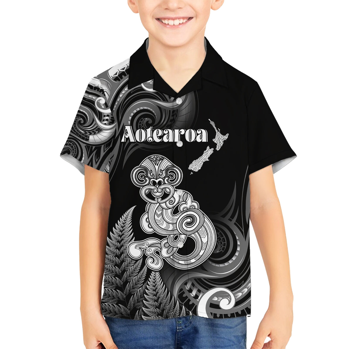 Personalised New Zealand Maori Taniwha Family Matching Summer Maxi Dress and Hawaiian Shirt Silver Fern Black Version LT05 Son's Shirt Black - Polynesian Pride