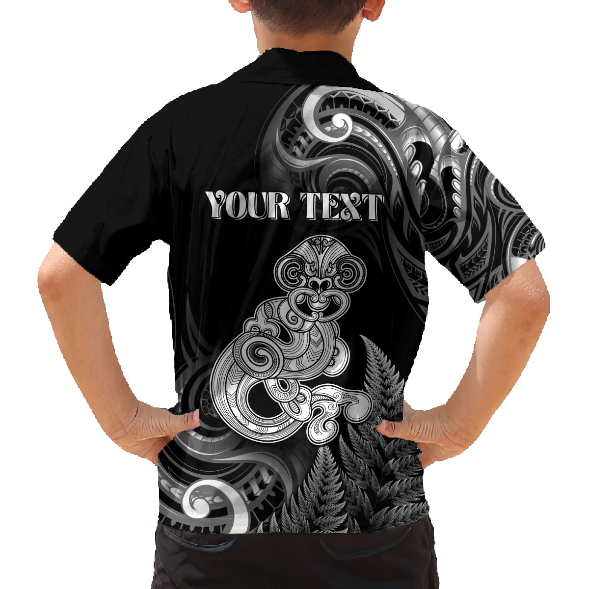 Personalised New Zealand Maori Taniwha Family Matching Tank Maxi Dress and Hawaiian Shirt Silver Fern Black Version LT05 - Polynesian Pride