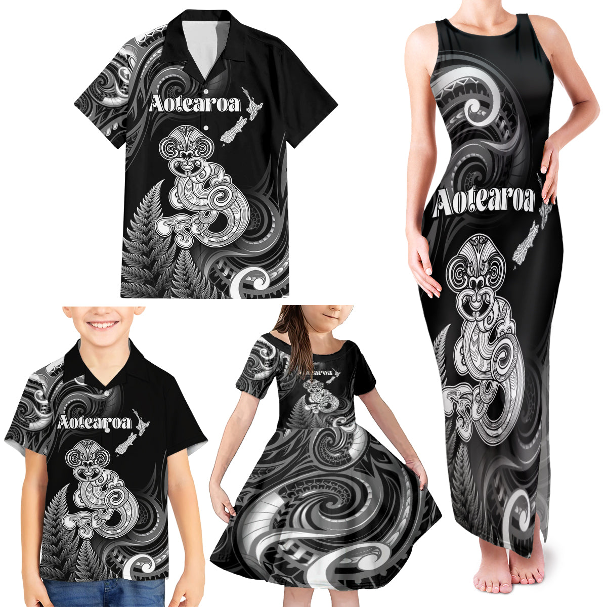 Personalised New Zealand Maori Taniwha Family Matching Tank Maxi Dress and Hawaiian Shirt Silver Fern Black Version LT05 - Polynesian Pride