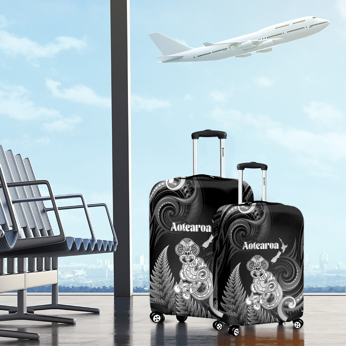 New Zealand Maori Taniwha Luggage Cover Silver Fern Black Version