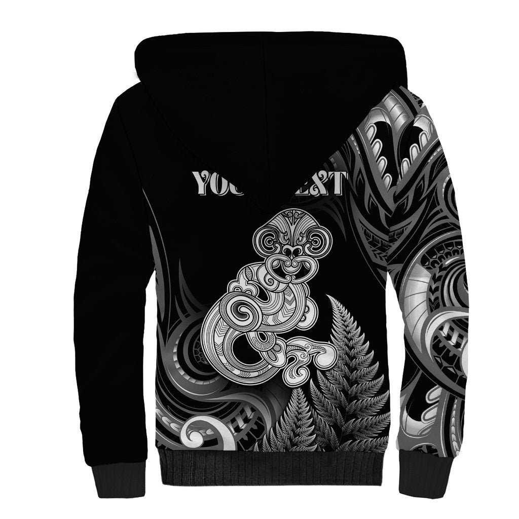 Personalised New Zealand Maori Taniwha Sherpa Hoodie Silver Fern Black Version