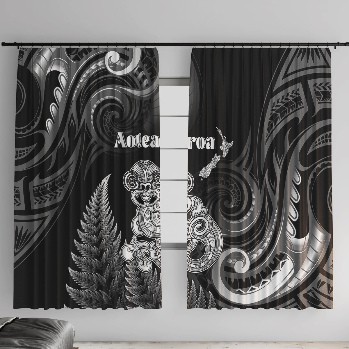 New Zealand Maori Taniwha Window Curtain Silver Fern Black Version LT05 With Hooks Black - Polynesian Pride