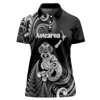 Personalised New Zealand Maori Taniwha Women Polo Shirt Silver Fern Black Version