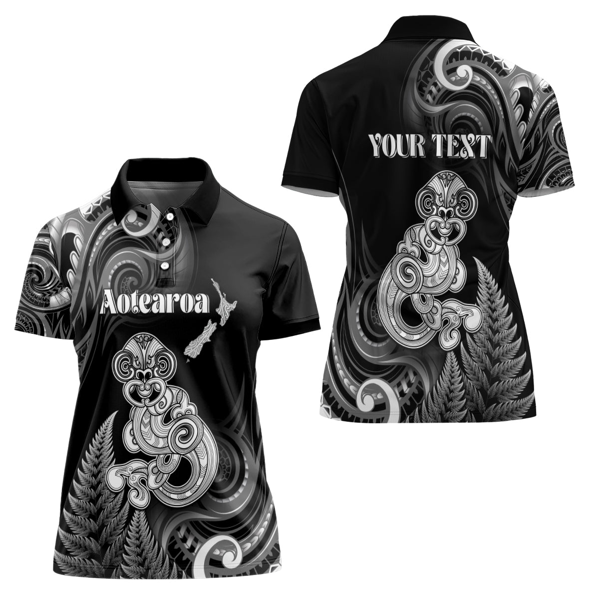 Personalised New Zealand Maori Taniwha Women Polo Shirt Silver Fern Black Version