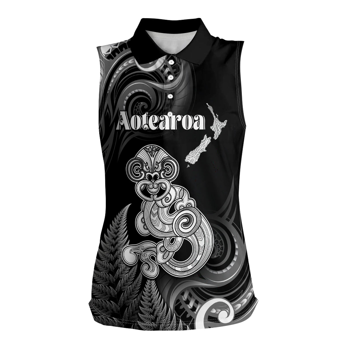 Personalised New Zealand Maori Taniwha Women Sleeveless Polo Shirt Silver Fern Black Version LT05 Female Black - Polynesian Pride