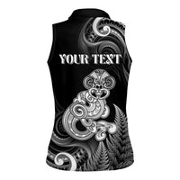 Personalised New Zealand Maori Taniwha Women Sleeveless Polo Shirt Silver Fern Black Version LT05 - Polynesian Pride