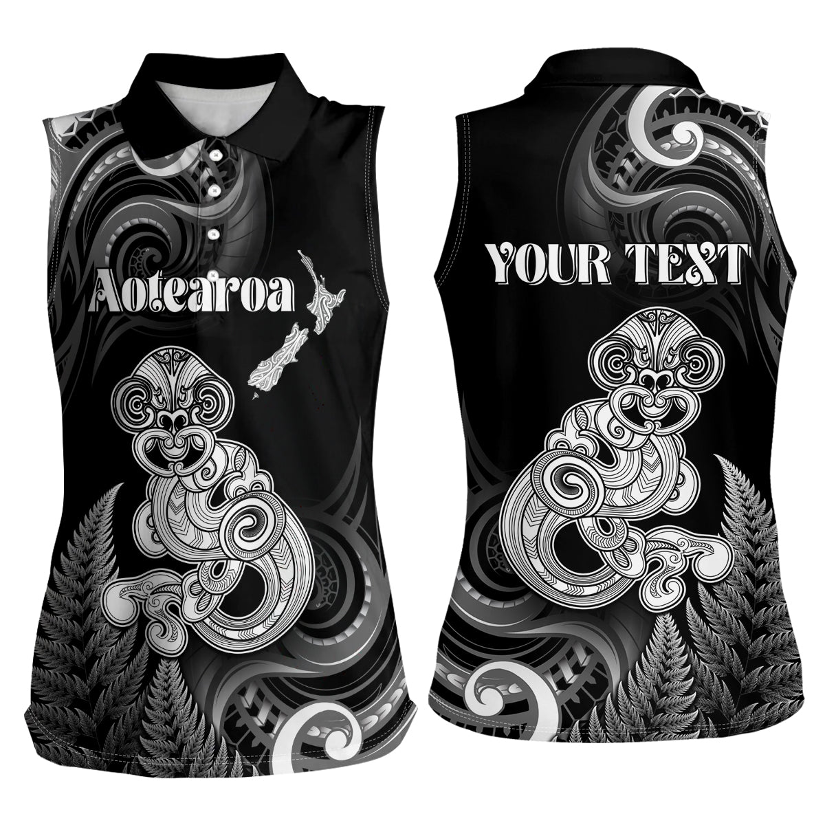 Personalised New Zealand Maori Taniwha Women Sleeveless Polo Shirt Silver Fern Black Version LT05 - Polynesian Pride