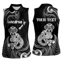 Personalised New Zealand Maori Taniwha Women Sleeveless Polo Shirt Silver Fern Black Version LT05 - Polynesian Pride