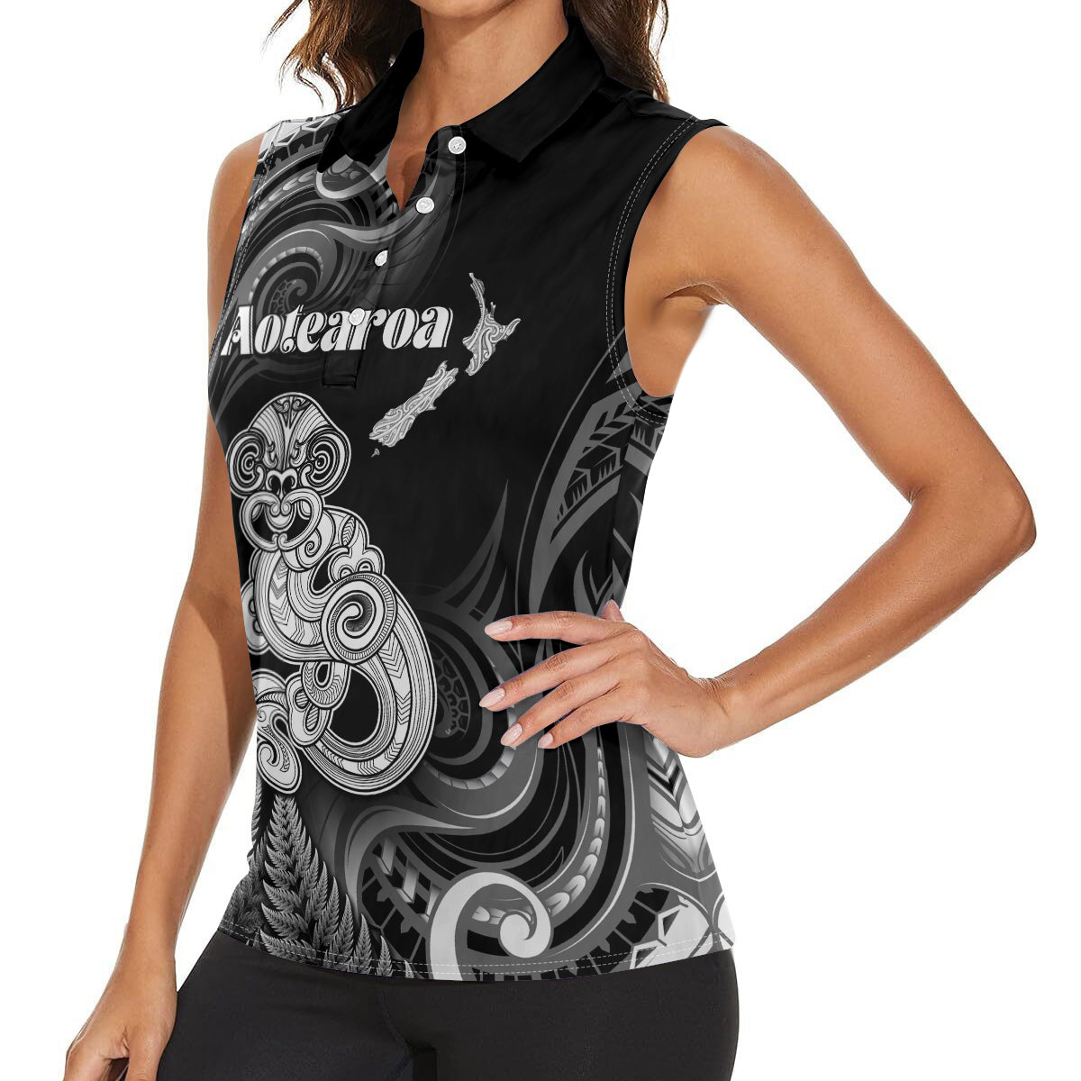 Personalised New Zealand Maori Taniwha Women Sleeveless Polo Shirt Silver Fern Black Version LT05 - Polynesian Pride