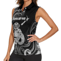 Personalised New Zealand Maori Taniwha Women Sleeveless Polo Shirt Silver Fern Black Version LT05 - Polynesian Pride