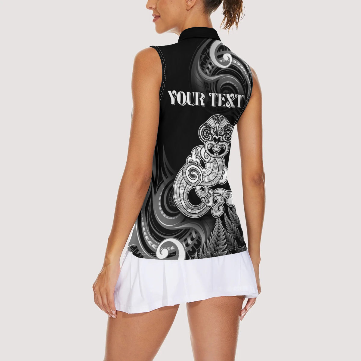 Personalised New Zealand Maori Taniwha Women Sleeveless Polo Shirt Silver Fern Black Version LT05 - Polynesian Pride