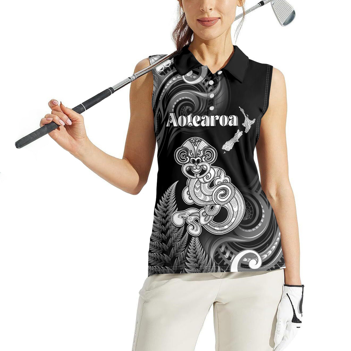 Personalised New Zealand Maori Taniwha Women Sleeveless Polo Shirt Silver Fern Black Version LT05 - Polynesian Pride