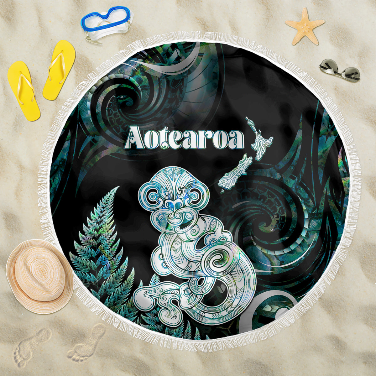 New Zealand Maori Taniwha Beach Blanket Silver Fern Paua Shell Version