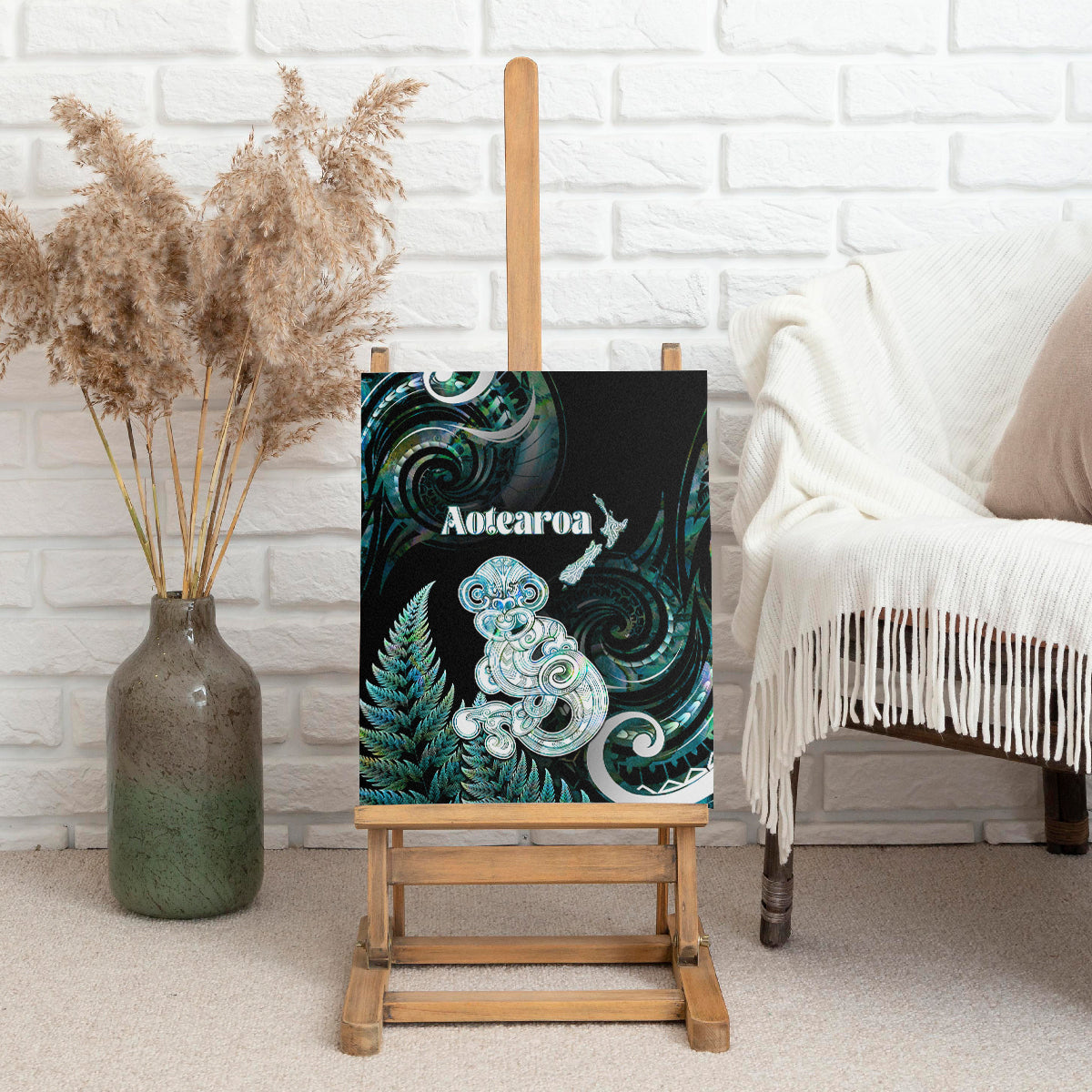 New Zealand Maori Taniwha Canvas Wall Art Silver Fern Paua Shell Version