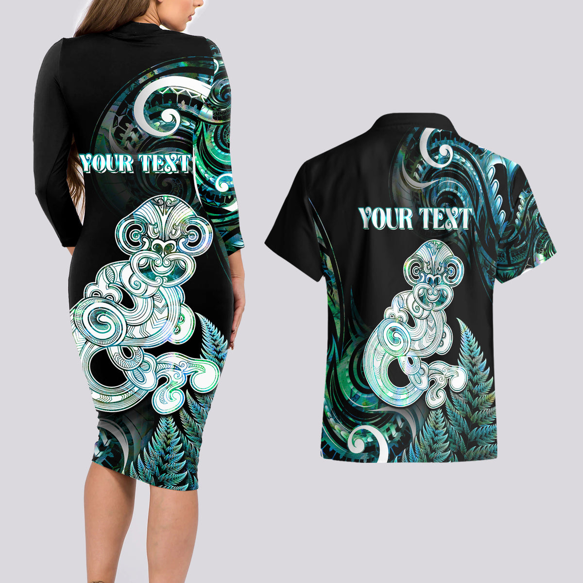 Personalised New Zealand Maori Taniwha Couples Matching Long Sleeve Bodycon Dress and Hawaiian Shirt Silver Fern Paua Shell Version LT05 - Polynesian Pride