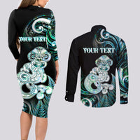 Personalised New Zealand Maori Taniwha Couples Matching Long Sleeve Bodycon Dress and Long Sleeve Button Shirt Silver Fern Paua Shell Version LT05 - Polynesian Pride