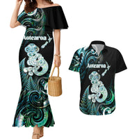 Personalised New Zealand Maori Taniwha Couples Matching Mermaid Dress and Hawaiian Shirt Silver Fern Paua Shell Version LT05 Turquoise - Polynesian Pride