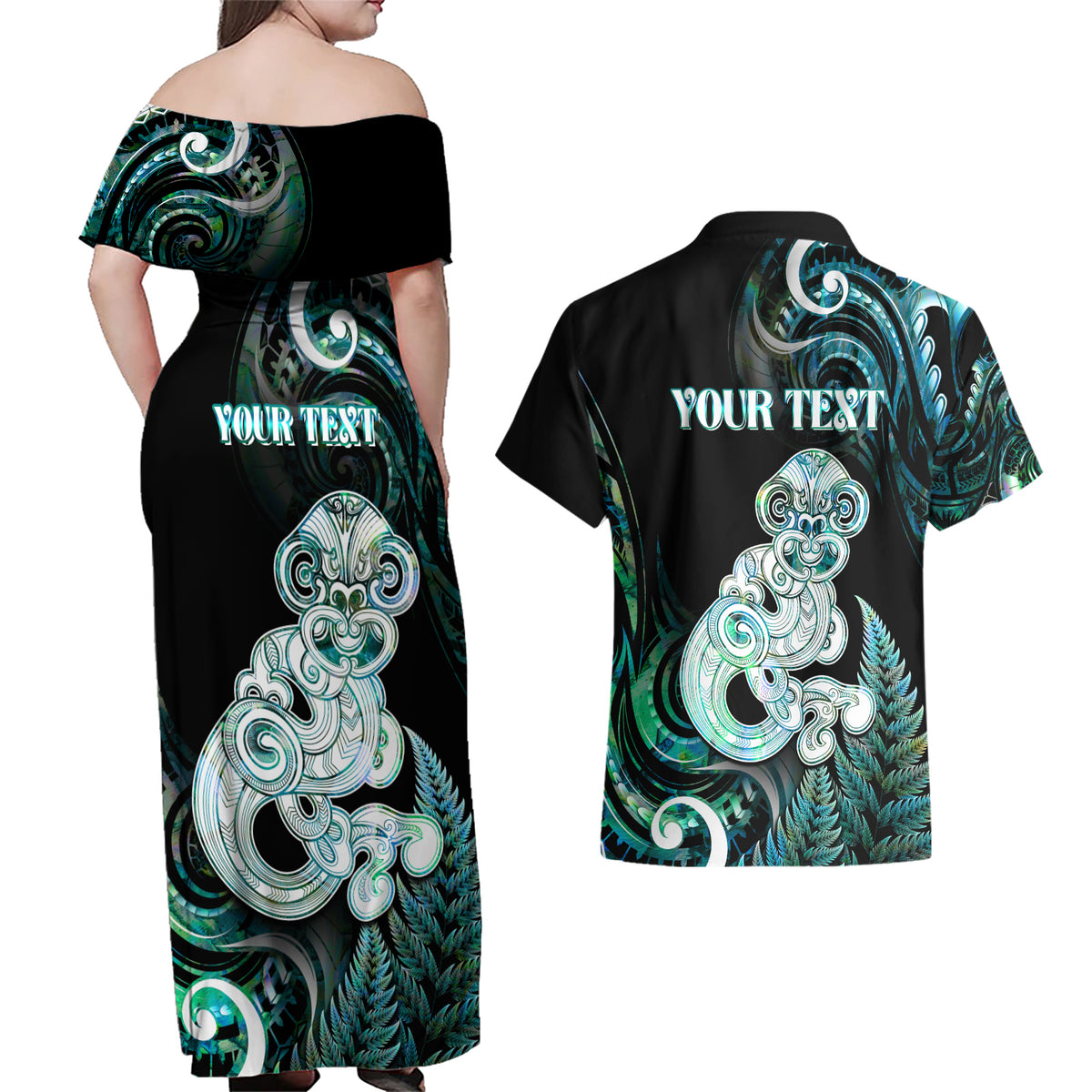 Personalised New Zealand Maori Taniwha Couples Matching Off Shoulder Maxi Dress and Hawaiian Shirt Silver Fern Paua Shell Version LT05 - Polynesian Pride