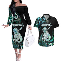 Personalised New Zealand Maori Taniwha Couples Matching Off The Shoulder Long Sleeve Dress and Hawaiian Shirt Silver Fern Paua Shell Version LT05 Turquoise - Polynesian Pride