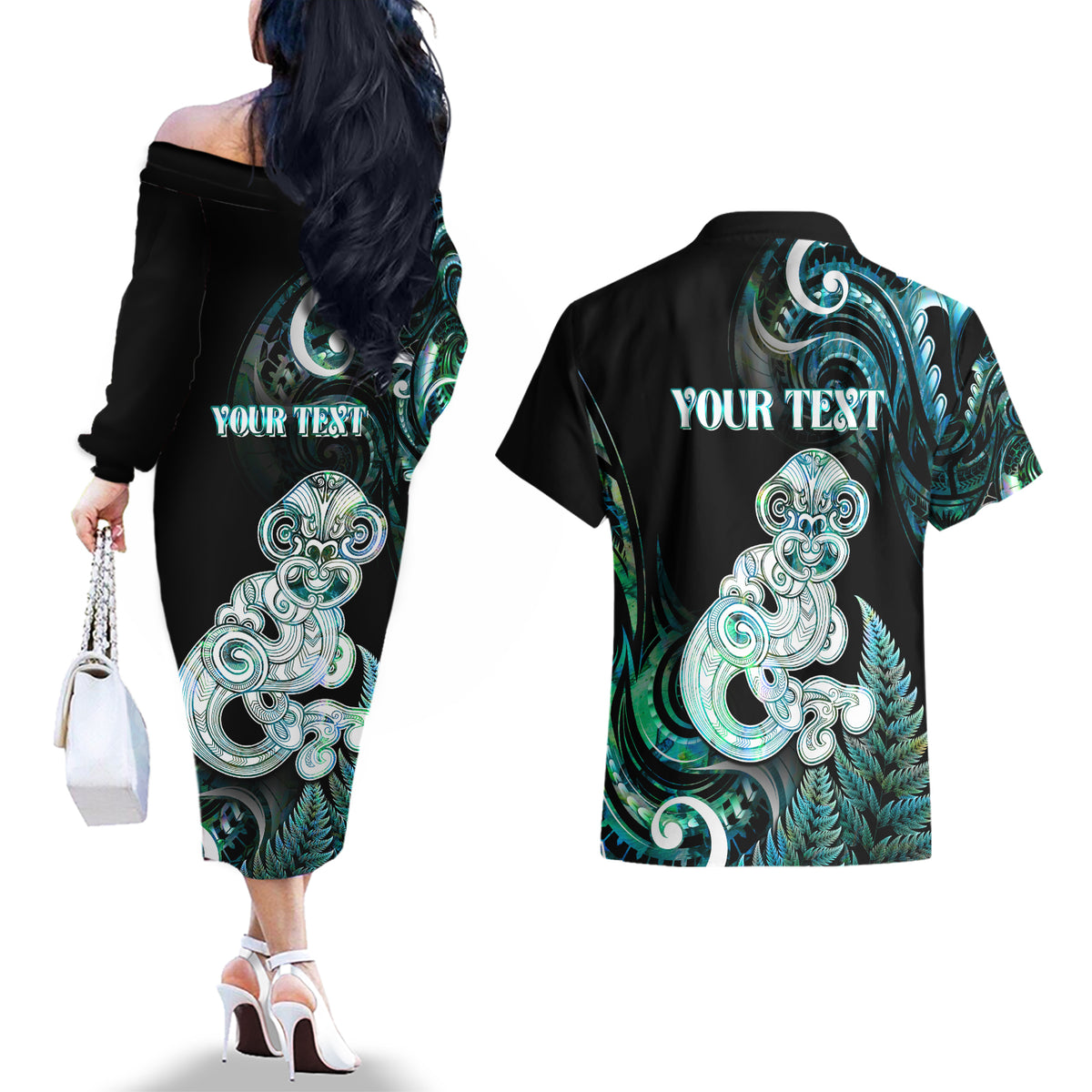 Personalised New Zealand Maori Taniwha Couples Matching Off The Shoulder Long Sleeve Dress and Hawaiian Shirt Silver Fern Paua Shell Version LT05 - Polynesian Pride