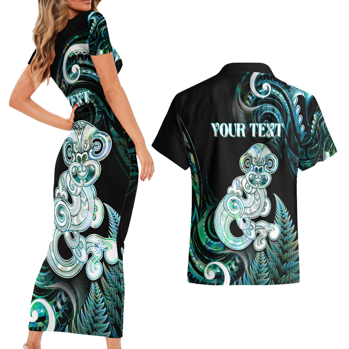 Personalised New Zealand Maori Taniwha Couples Matching Short Sleeve Bodycon Dress and Hawaiian Shirt Silver Fern Paua Shell Version LT05 - Polynesian Pride