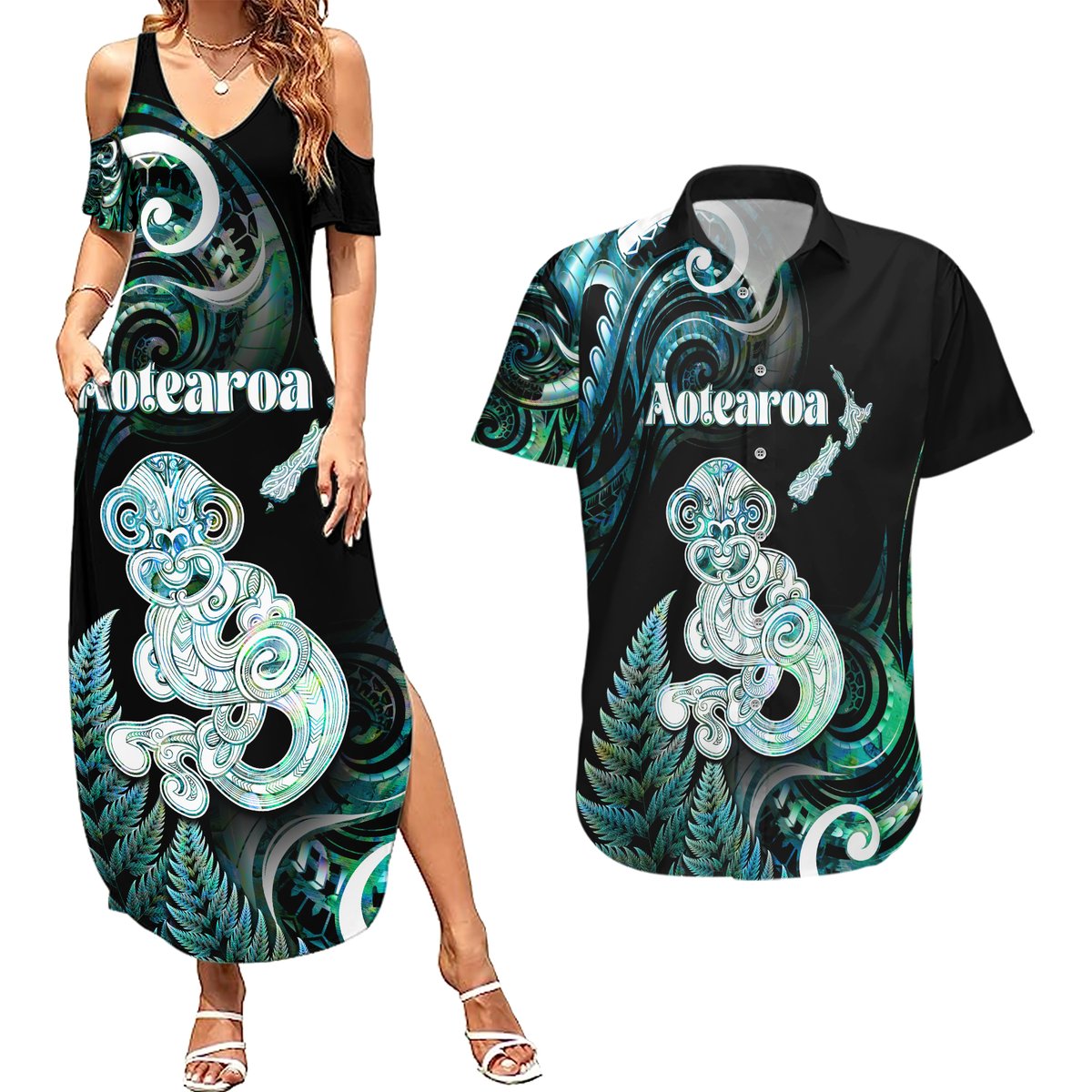 Personalised New Zealand Maori Taniwha Couples Matching Summer Maxi Dress and Hawaiian Shirt Silver Fern Paua Shell Version LT05 Turquoise - Polynesian Pride