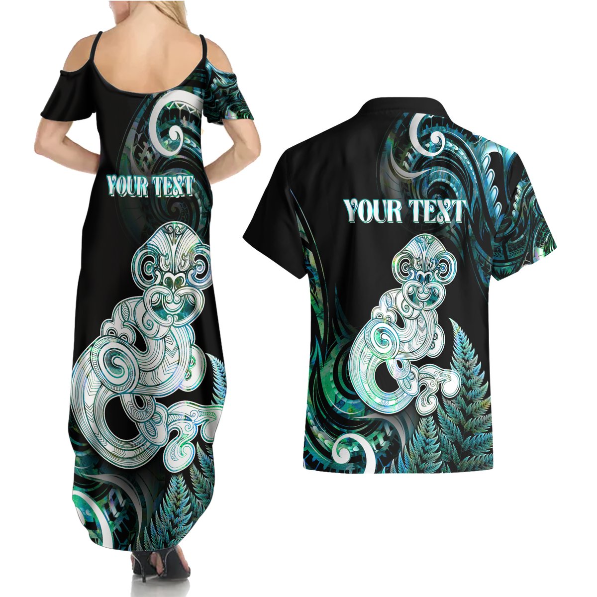 Personalised New Zealand Maori Taniwha Couples Matching Summer Maxi Dress and Hawaiian Shirt Silver Fern Paua Shell Version LT05 - Polynesian Pride