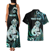 Personalised New Zealand Maori Taniwha Couples Matching Tank Maxi Dress and Hawaiian Shirt Silver Fern Paua Shell Version LT05 - Polynesian Pride