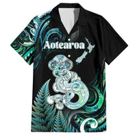 Personalised New Zealand Maori Taniwha Family Matching Long Sleeve Bodycon Dress and Hawaiian Shirt Silver Fern Paua Shell Version LT05 Dad's Shirt - Short Sleeve Turquoise - Polynesian Pride