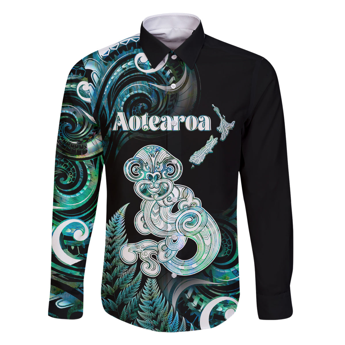 Personalised New Zealand Maori Taniwha Family Matching Long Sleeve Bodycon Dress and Hawaiian Shirt Silver Fern Paua Shell Version LT05 Dad's Shirt - Long Sleeve Turquoise - Polynesian Pride