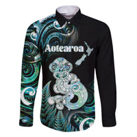 Personalised New Zealand Maori Taniwha Family Matching Long Sleeve Bodycon Dress and Hawaiian Shirt Silver Fern Paua Shell Version LT05 Dad's Shirt - Long Sleeve Turquoise - Polynesian Pride