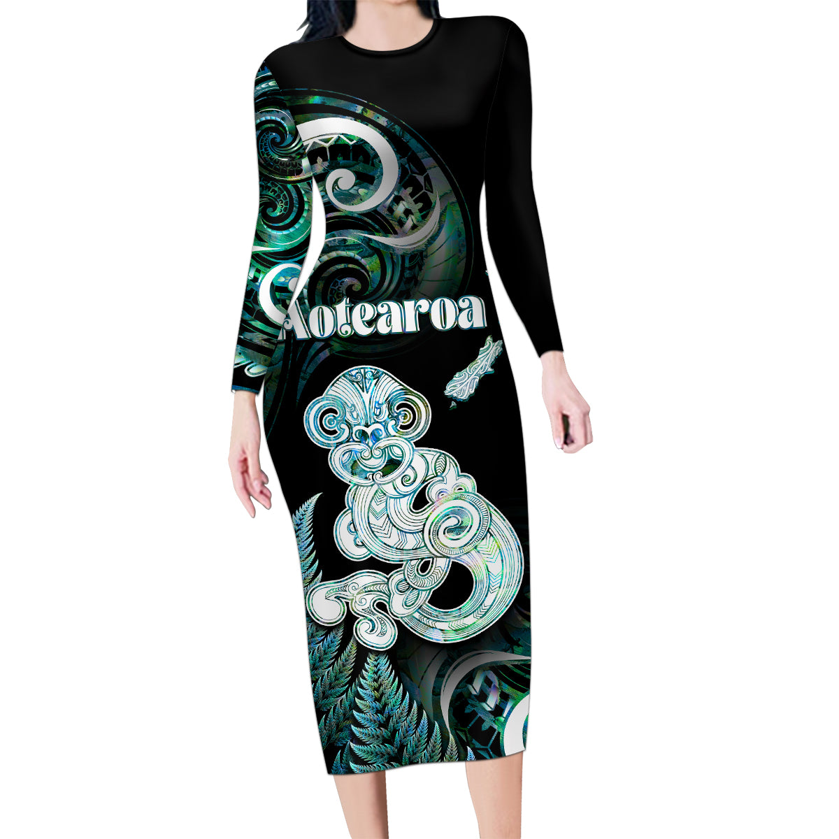 Personalised New Zealand Maori Taniwha Family Matching Long Sleeve Bodycon Dress and Hawaiian Shirt Silver Fern Paua Shell Version LT05 Mom's Dress Turquoise - Polynesian Pride
