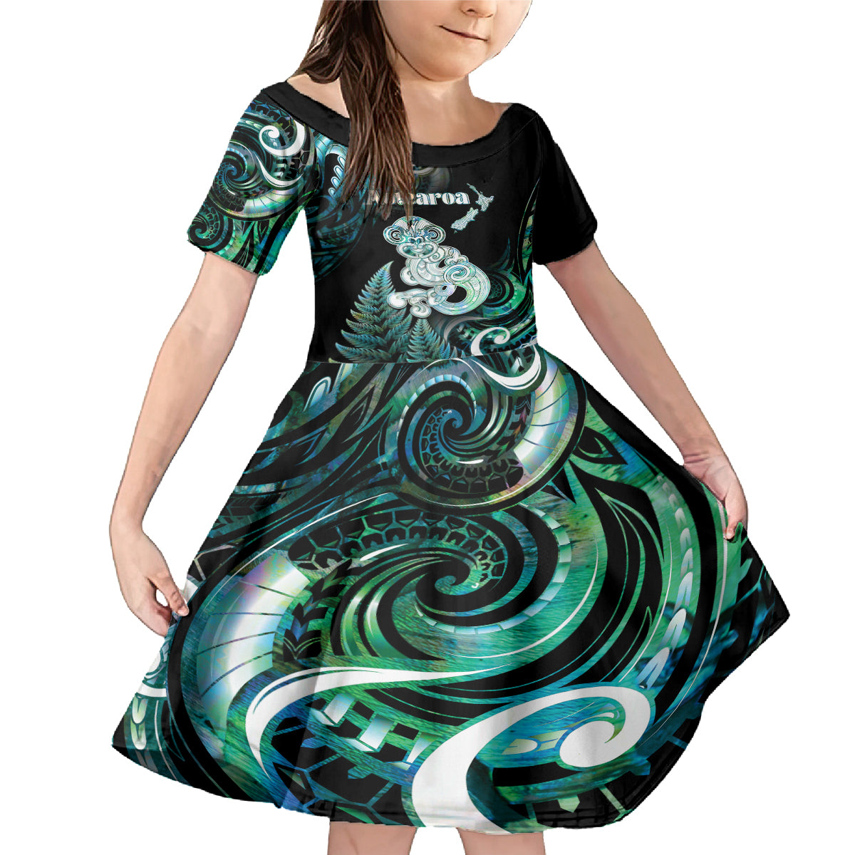 Personalised New Zealand Maori Taniwha Family Matching Mermaid Dress and Hawaiian Shirt Silver Fern Paua Shell Version LT05 Daughter's Dress Turquoise - Polynesian Pride