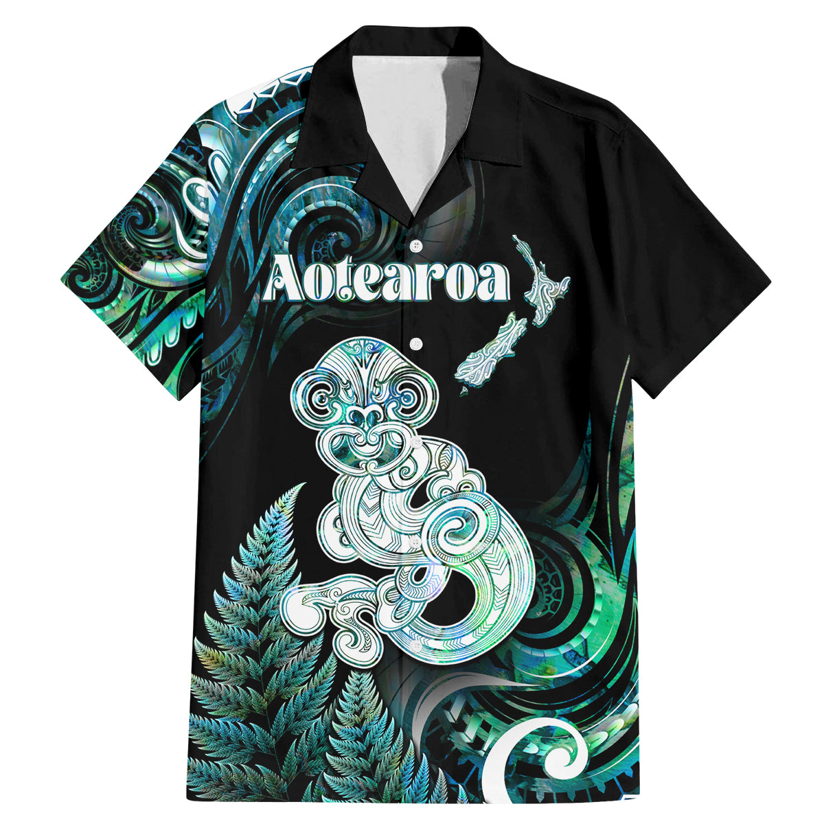 Personalised New Zealand Maori Taniwha Family Matching Mermaid Dress and Hawaiian Shirt Silver Fern Paua Shell Version LT05 Dad's Shirt - Short Sleeve Turquoise - Polynesian Pride
